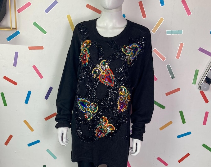 1980s true vintage  black Jewel design long line jumper size12/14