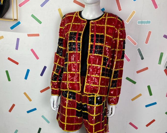 True vintage co ord set tartan / check design 2 piece jacket / shorts size 14/16