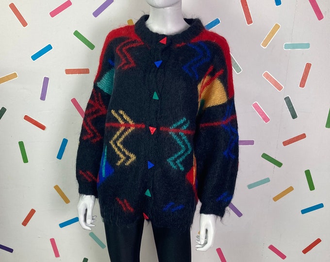 1980s true vintage block / geo design hand knitted mohair cardigan - size up to 16