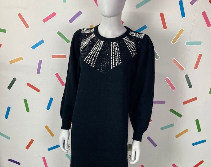 1980s true vintage black knitted dress with sequin details - size 10-14