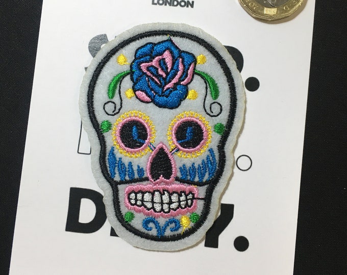 Pale Blue Skull - Pale blue candy skull design hand made iron on clothing patch, pin badge , brooch