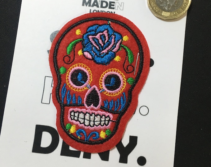 Red Skull - Red candy skull design hand made iron on clothing patch, pin badge, brooch