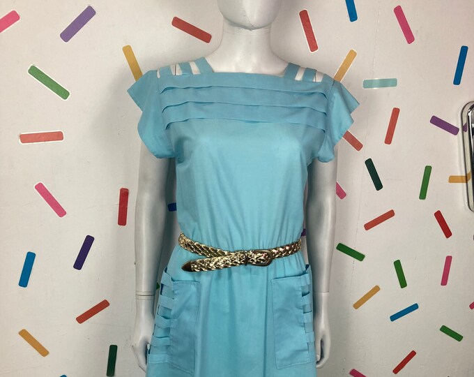 SALE - 1980s pale blue true vintage summer dress with cut out detail Size 8-10