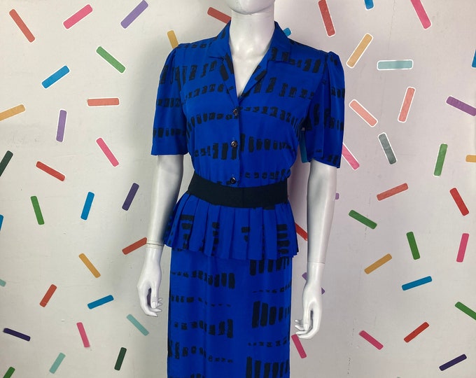 80s true vintage bright blue peplum midi dress with geo design size 14/16