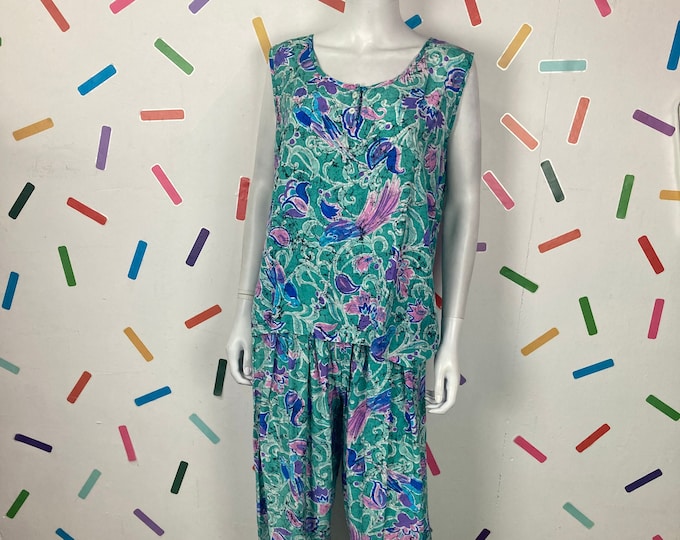 1980s true vintage abstract design blue / green co ord  2 piece set Size 12