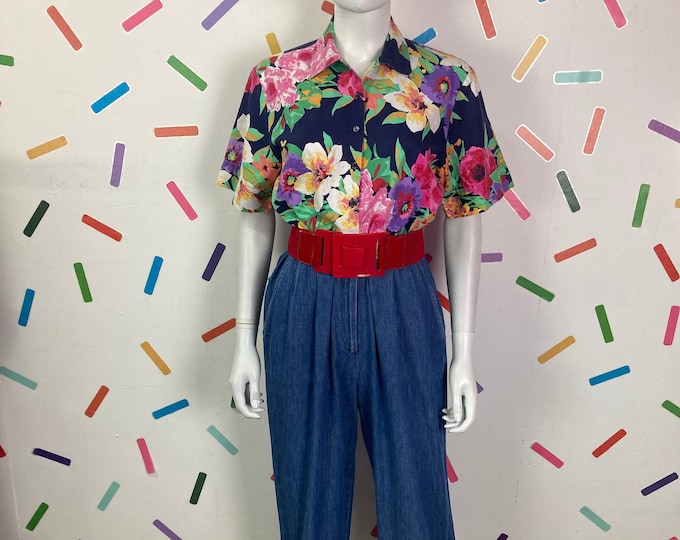80s vintage denim / floral design jumpsuit with pockets size 12