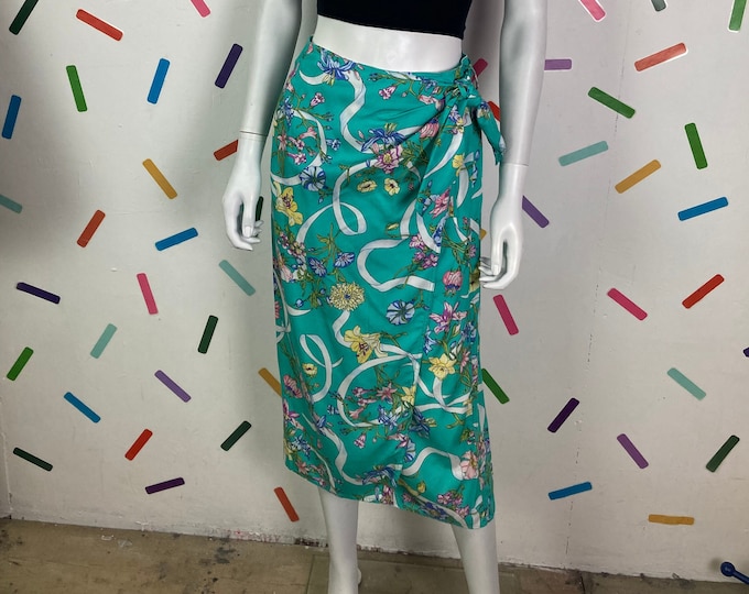 SALE - True vintage 1980s  ribbon floral design wrap pencil skirt Size up to 12