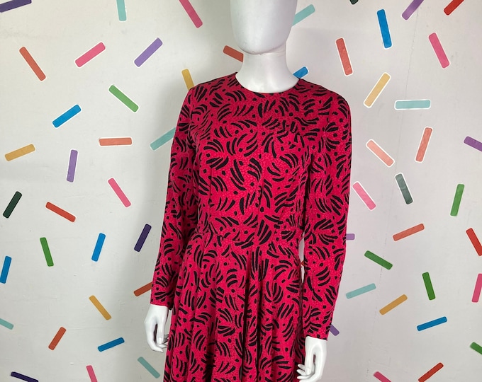 1980s true vintage geo / abstract block colour long sleeve midi dress with pockets - pink-  size 10/12
