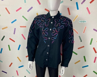 1980s true vintage applique design batwing shirt with stud detail and mirror buttons Size 12/14