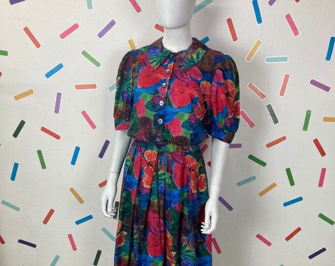 1980s true vintage abstract floral design 2 piece co - ord set (top and Skirt) Size 12/14