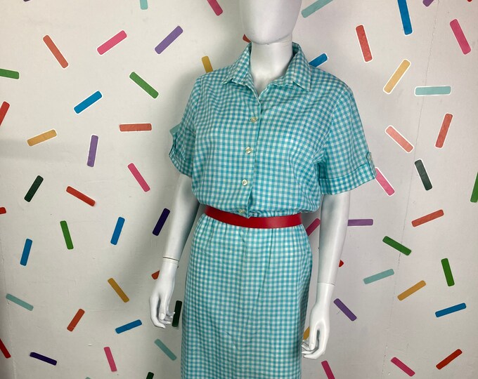 SALE - 80s vintage blue / white check short sleeve midi dress with pockets - size 14/16