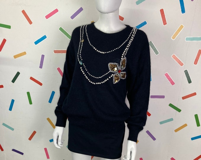SALE - 1980s true vintage jewel applique design faux necklace knitted jumper - Size 14