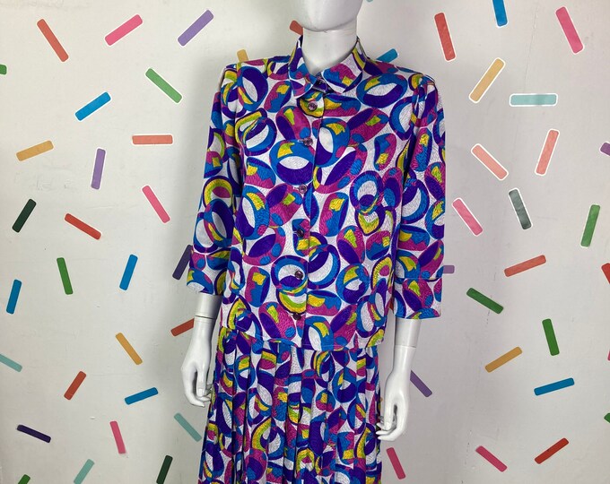 1980s abstract pink / purple Gina Bacconi 2 piece set top / skirt - Size 16/18