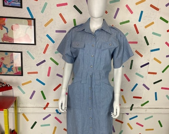 1980s true vintage light denim midi dress with pockets - size up to 10/12