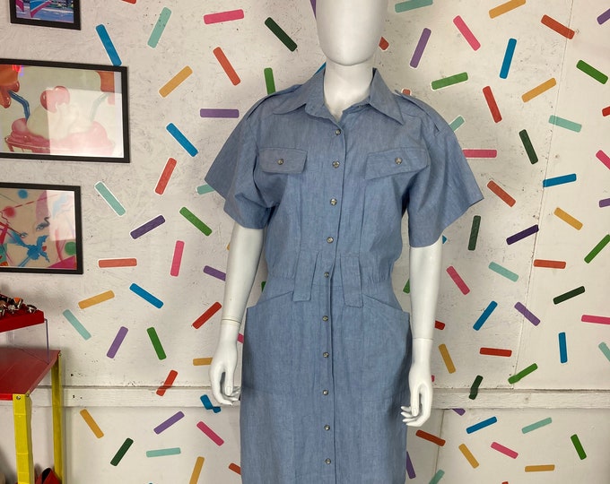 1980s true vintage light denim midi dress with pockets - size up to 10/12