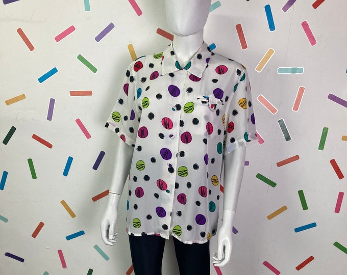 1980s true vintage scribble / circle design short sleeve blouse - Size up to 14/16