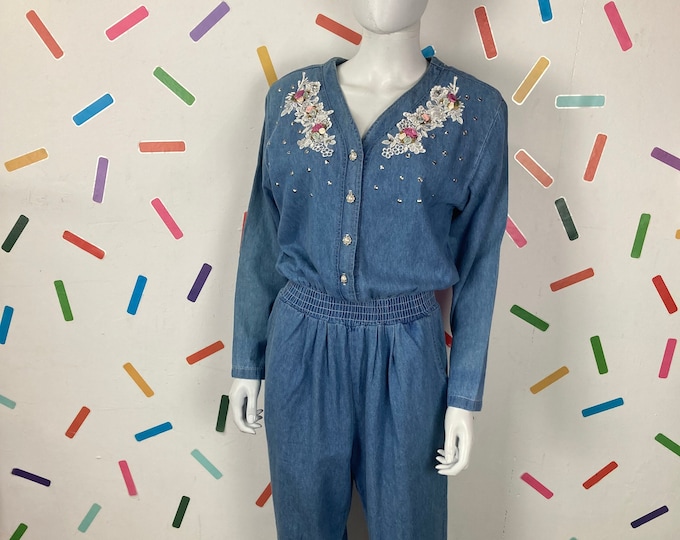 1980s true vintage floral / Lace / Jewel design jumpsuit with pockets size: Up to 12