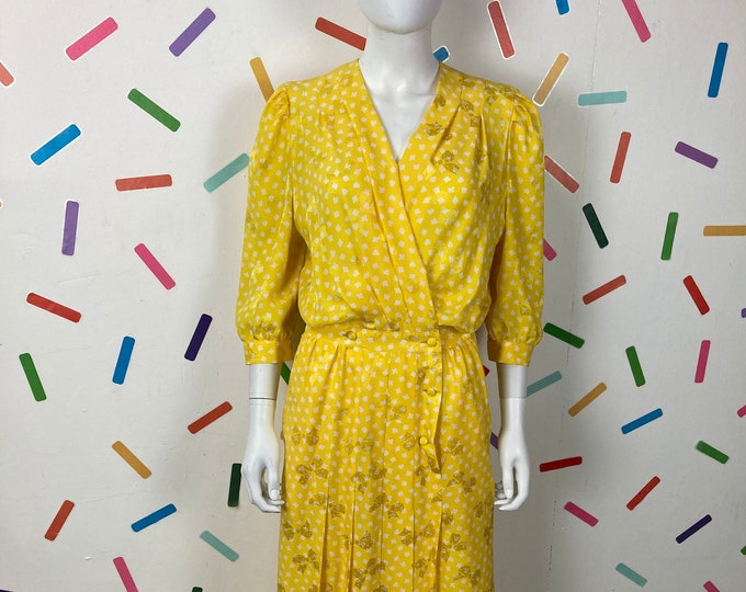 1980s true vintage bright yellow bow design wrap dress  with pocket - Size 12