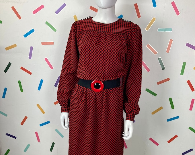 1980s true vintage checker board design mid  dress red / black - Size 12/14