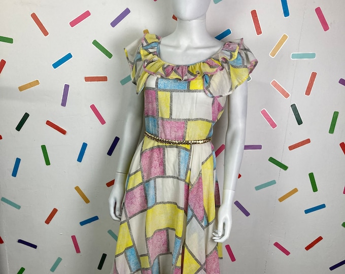 1980s True vintage check design ruffle detail midi dress - pink blue yellow - size 12