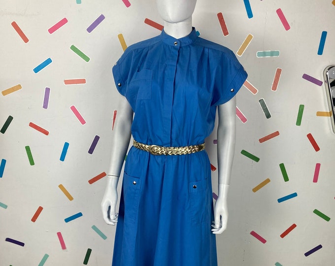 1980s true vintage blue short sleeve utility midi dress with pockets Size 14