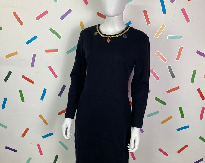 1990s true vintage jewel design long sleeve black stretch dress - Size 8-14