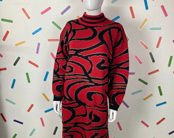 1980s true vintage red/black/ gold abstract design knitted dress with pockets - size 14