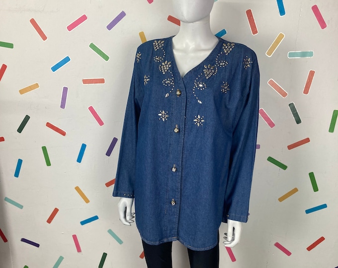 1980s true vintage floral stud design denim jacket / top Size: Up to 16