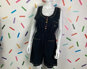 Echter Vintage-Playsuit aus den 1980er Jahren in Schwarz mit Regenbogengarn – Größe 12/14