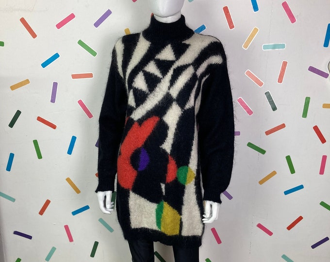 1980s true vintage hand knitted mohair jumper dress  - size up to 12/14