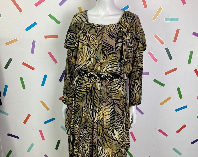 1980s true vintage animal print design frill midi dress Size up to 16/18