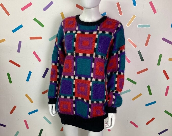 80s vintage geo / square design hand knitted jumper pink / blue Size 14/16