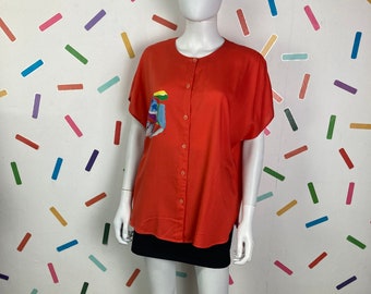 1980s true vintage short sleeve bright red top with back detail size 12