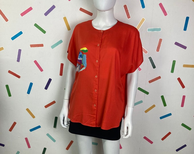 1980s true vintage short sleeve bright red top with back detail size 12