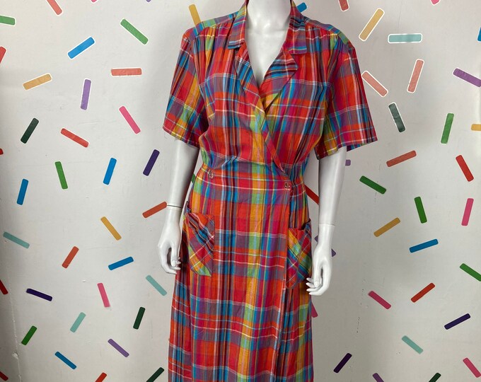1980s true vintage red check midi short sleeve wrap dress - Size 12-16