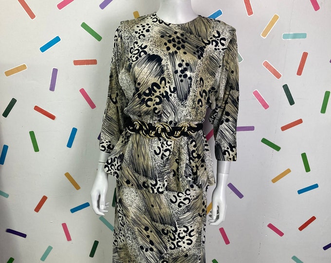 1980s true vintage abstract animal print peplum midi dress - Size up to 10/12