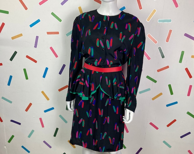 1980s true vintage abstract design black / multicolour 2 piece set -Size 14