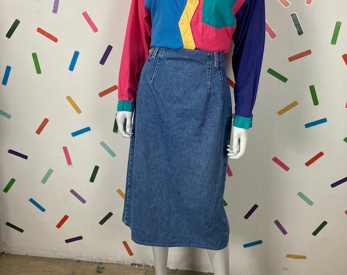 1980s true vintage denim high waist pencil skirt with popper detail Size 10/12