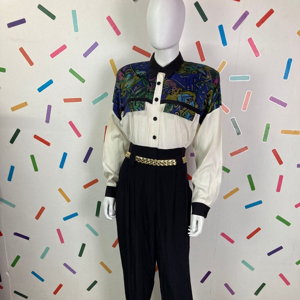 80s vintage block design jumpsuit with pockets Size 12 western style