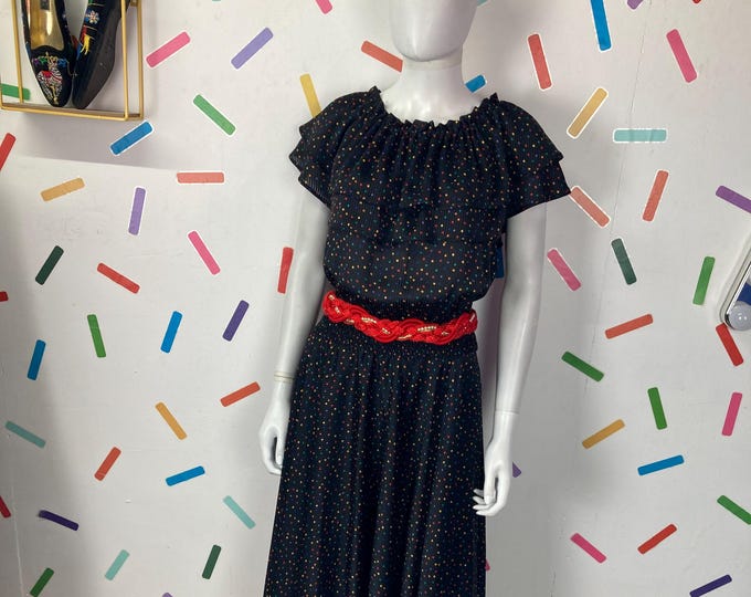 1980s true vintage polka dot frill design maxi dress size 12-16