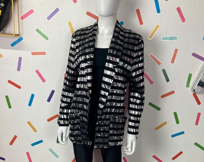 1980s black / silver stripe design blazer jacket size  10-14