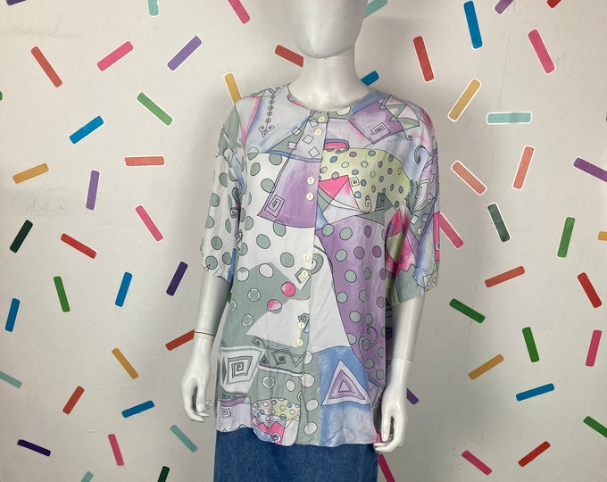 1980s true vintage geo pastel design short sleeve oversized blouse Size 22