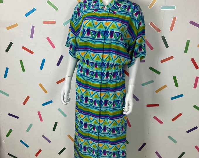 1980s Vintage Abstract Geo Midi Dress - Size 16/18