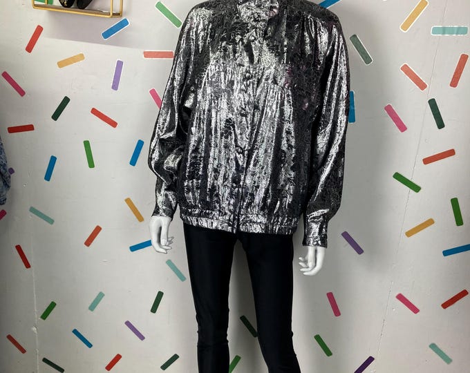 1980s true vintage silver floral bomber style light weight jacket / blouse size 14/16