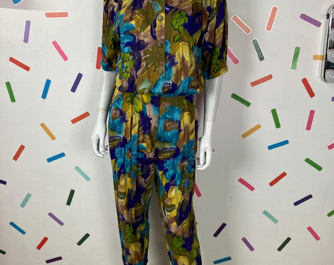 True vintage yellow / blue  fruit design jumpsuit size 12