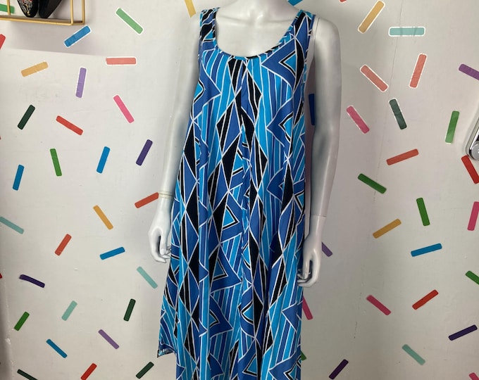1980s true vintage geo blue design scandi design dress size 12