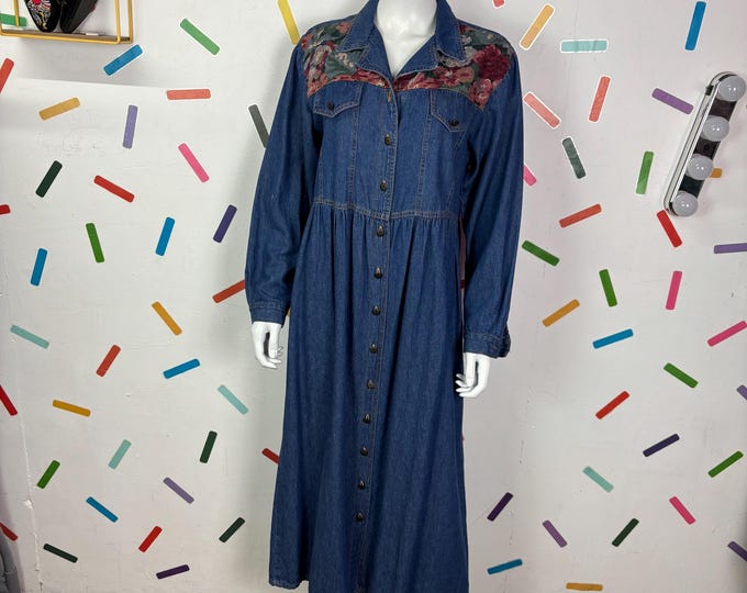 1980s true vintage dark denim long sleeve tapestry midi dress size 14/16