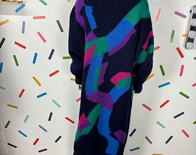 1980s Geometric Block Cardigan / Coatigan – blue / pink long line size 14/16
