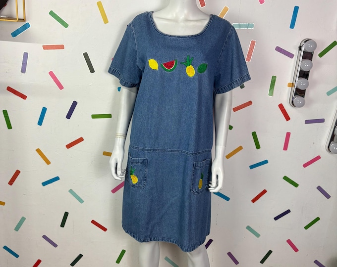 1980s true vintage denim short sleeve dress with fruit embroidery size 12/14