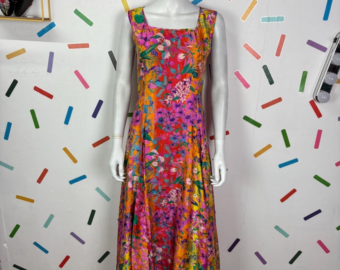 1980s true vintage floral pink / yellow silk maxi dress  Size 10/12